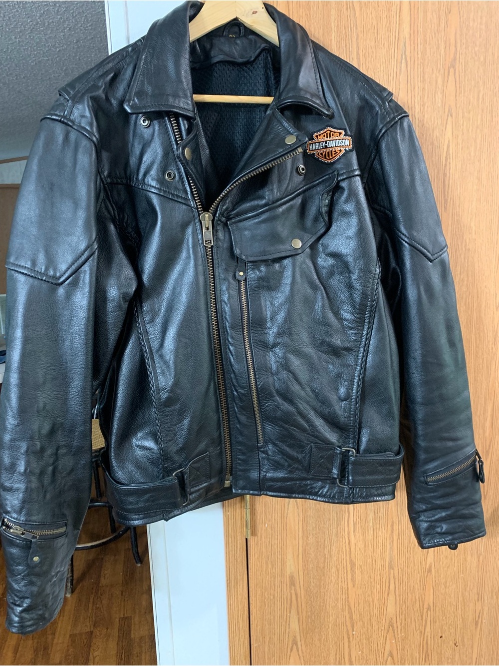 Black Leather Motorcycle Jacket With Harley Davidson Embroidered